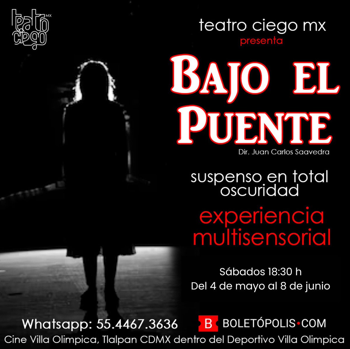 BAJO EL PUENTE 🐸
Obra en total oscuridad 
Tenemos 5 PASES DOBLES para la función de HOY a las 6:30 pm en el Cine Villa Olímpica
Solo:
🐍 Escribir tu nombre 
🦊 Síguenos y comparte