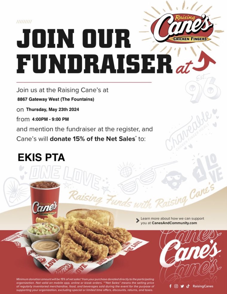 🚨📢This Thursday—Make Plans For Cane’s Chicken Fingers For Dinner!!😋🚨 💛💙Make Sure To Mention The Fundraiser!!💛💙