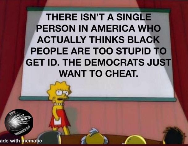 There isn't a single person in America who actually thinks Black people are too stupid to get ID. The Democrats just want to cheat. YES or NO?