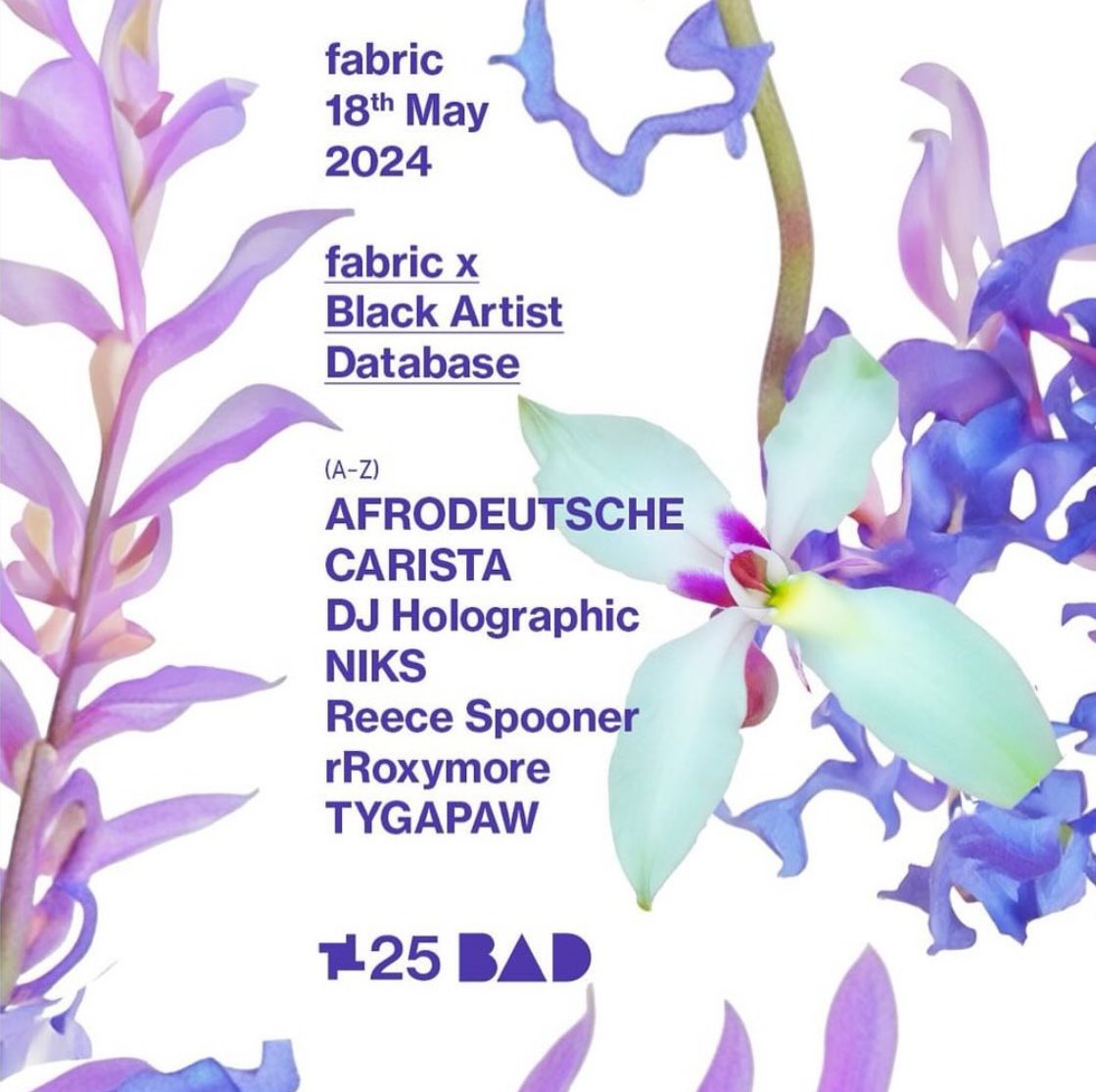 Got to London this morning cause I’m playing <a href="/fabriclondon/">fabric</a> tn with this outstanding lineup for <a href="/BlackArtistData/">Black Artist Database (B.A.D)</a> 🖤✨. Just found out fabric is 25yrs old. Don’t think I know any electronic music clubs that have been running that long. Honored to be playing tn. I’m on 4-6am