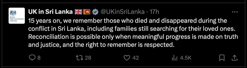 The message posted on the official X account of the British High Commissioner for Sri Lanka regarding Tamil Genocide Remembrance Day has left the Tamils living in Britain deeply disappointed. Our people are still protesting in the streets of eelam, remembering their loved ones