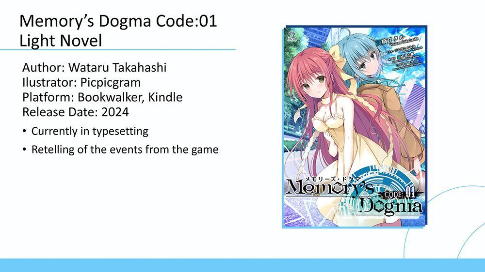 Our third update is for the Memory's Dogma Code:01 Light Novel. Currently we are working on typesetting, stay tuned for more news!