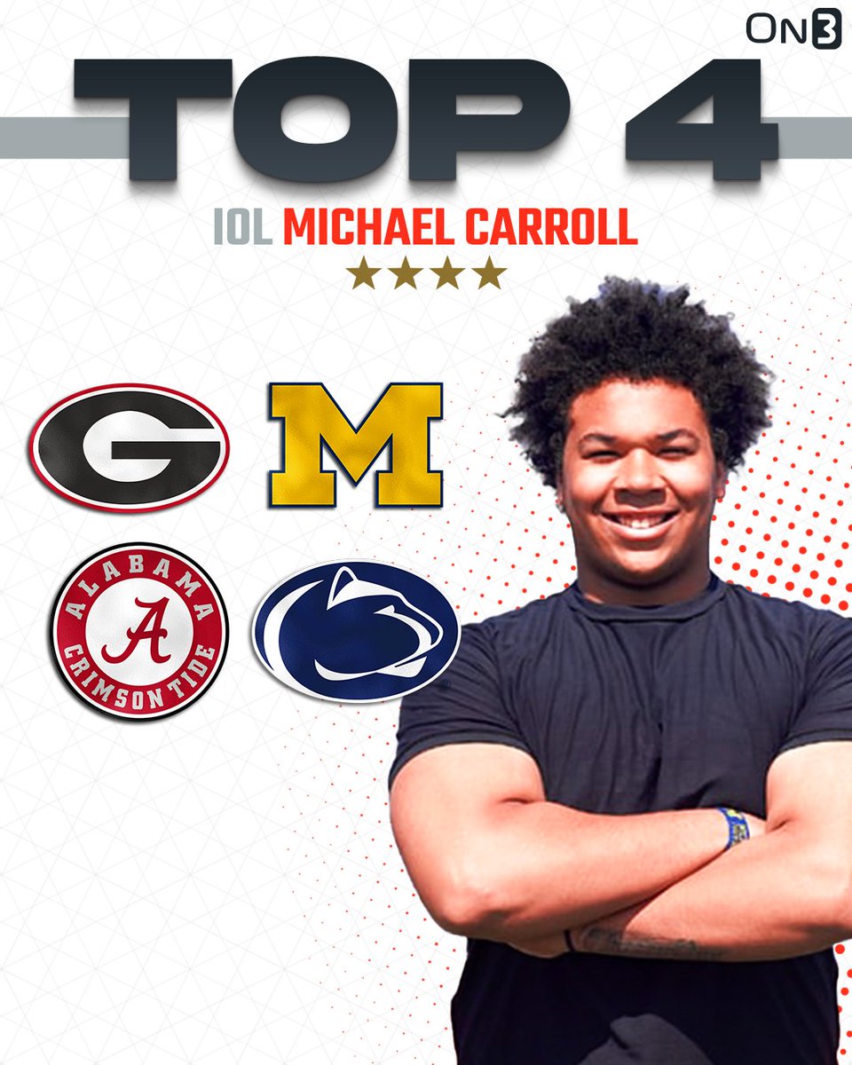 🚨NEW🚨 Elite 4-star IOL Michael Carroll is down to Alabama, Georgia, Michigan and Penn State, he tells @Hayesfawcett3👀 Carroll ranks No. 27 NATL. (No. 2 IOL) in the 2025 On300. Read: on3.com/news/elite-iol…