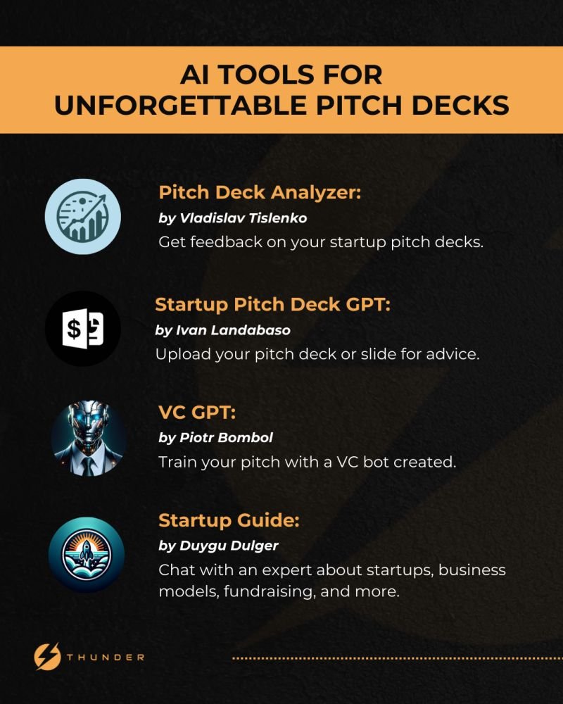 JasonKirby's tweet photo. 👋 Hey founders! We've got a problem with AI. 

It's too easy to use and too effective. Why is that bad? Well, the quality of work you put out is going to have to match it, especially if you're trying to pitch AI investors. If you make small errors that AI could easily prevent, you're going to look bad and it's likely to be an automatic pass from a VC.

So if you're struggling to make a pitch deck that shows what your business is all about and convinces investors to lean in, then you need to leverage AI if you don't have access to the experts in real-time.

#OpenAI's latest update, #GPT4o, has an enhanced #GPT store and experience that can save you time by giving you critical feedback in real time. It's surreal

Here are some popular GPTs in the store available now for you to collab.

1. The Pitch Deck Analyzer by Vladislav Tislenko is a tool you don't want to miss. By providing expert feedback, this tool helps you refine your pitch to potential investors by giving you detailed analysis, expert insights and actionable feedback. Remember, your pitch deck is often your first impression. Make it count!

2. The Startup Pitch Deck GPT by Ivan Landabaso can give you personalized feedback on your pitch deck. Once you've uploaded your pitch deck, you'll receive customized advice to refine your presentation and make it more compelling for potential investors. Remember, the goal is to tell a memorable story that resonates with your audience.

3. Get expert insights on all things startups with the Startup Guide by Duygu Dulger, covering everything from business models to VC practice. This tool doesn't just skim the surface; it provides actionable advice that can propel a startup from an idea to a thriving business. Whether you're at the ideation stage or gearing up for your first round of funding, this guide could be your roadmap to success

4. Hone your pitching skills with #VC #GPT, your personal pitch training bot by Piotr Bombol. It offers a unique opportunity to refine your pitch in a safe and supportive environment. Whether you're gearing up for a big meeting or just starting out, VC GPT is like having a personal coach by your side. Remember, a great pitch can make all the difference. With VC GPT, you're not just practicing; you're perfecting your approach to win over investors.

Don't just take my word for it—comment below and let me know which tool you've tried or share which ones I missed.