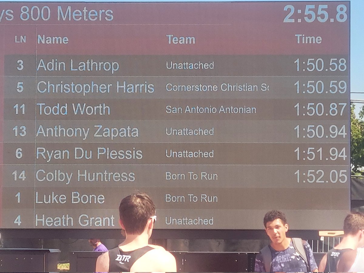 4 boys under 1:51 in the 800
<a href="/AngryHalfMiler/">Coach SWERV M.Ed. R.A.A</a> <a href="/talex334/">Coach A</a> <a href="/TexasTrackDad/">Vance Johnson-TexasTrackDad Podcast 🎙</a>