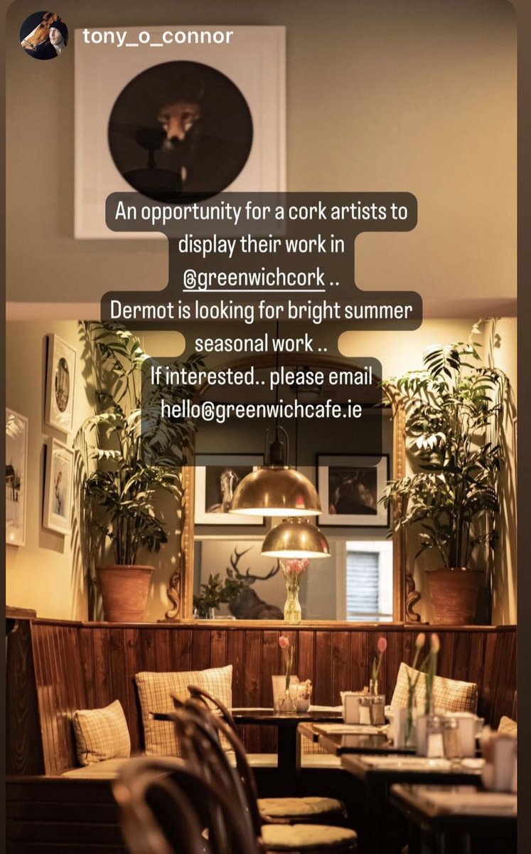 We are currently looking for a Cork based artist to feature their work on our walls for the summer period. Delighted to have Tony O’ Connor’s work feature on our walls for the past few months. A great opportunity for a local artist to showcase their work in Cork City.
