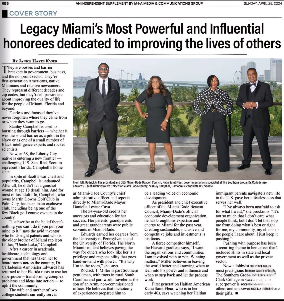 Thank you, Legacy Magazine, for featuring me in your cover story. I’m grateful for the opportunity to share my journey and experiences. Your support helps amplify voices and inspires others to pursue their dreams.

#Miami #MiamiDade #StanleyforFlorida #Campbell2024 #FloridaFL