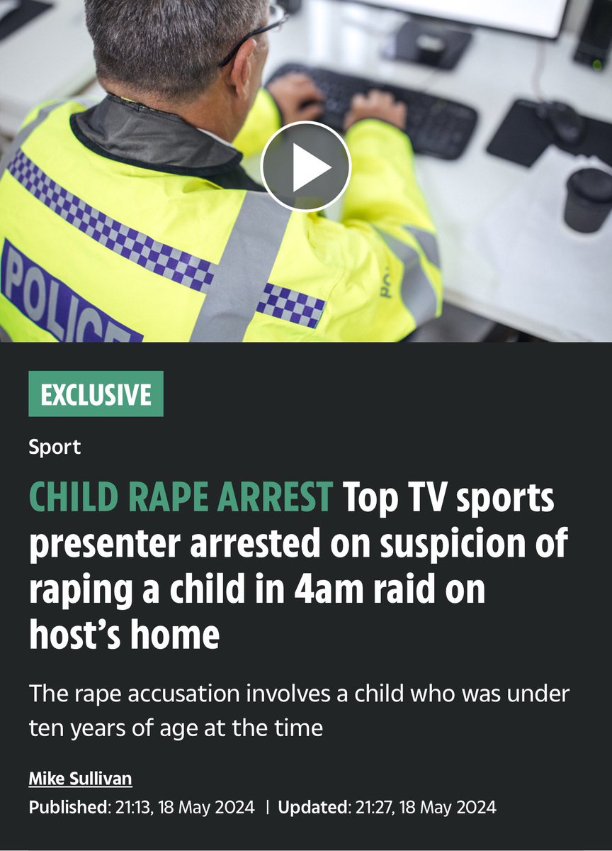 Interesting, now whoever could this be?? Top TV sports presenter arrested on suspicion of raping a child in 4am raid on host's home thesun.co.uk/sport/27997122…