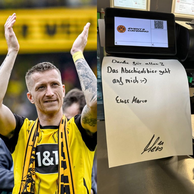 El día de su adiós del Signal Iduna Park, Marco Reus le invitó una 'cerveza de despedida' a todos los aficionados del Borussia Dortmund que asistieron al estadio. Qué capitán, qué tipazo. 𝗛𝗘𝗥𝗠𝗢𝗦𝗢 𝗗𝗘𝗧𝗔𝗟𝗟𝗘 𝗙𝗜𝗡𝗔𝗟.