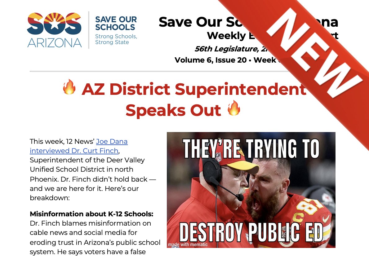 Read the #WeeklyEdReport @ bit.ly/May20EdReport

🔥 AZ Sup speaks out against anti-K12 misinformation & vouchers
😡 Rs in the #AZLeg are pushing 2 harmful ballot measures instead of addressing AZ’s budget crisis
📓 Another nat'l report shows AZ vouchers defund public schools