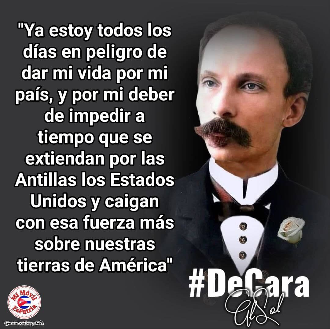 #JoséMartí 'Ya estoy todos los días en peligro de dar mi vida por mi patria y por mi deber'. El apóstol vislumbró, del poderoso vecino del Norte, el peligro mortal sobre #Cuba #CubaViveEnSUHistoria #CubaPorLaVida #YoSigoAMiPresidente @DiazCanelB @PartidoPCC @DrRobertoMOjeda