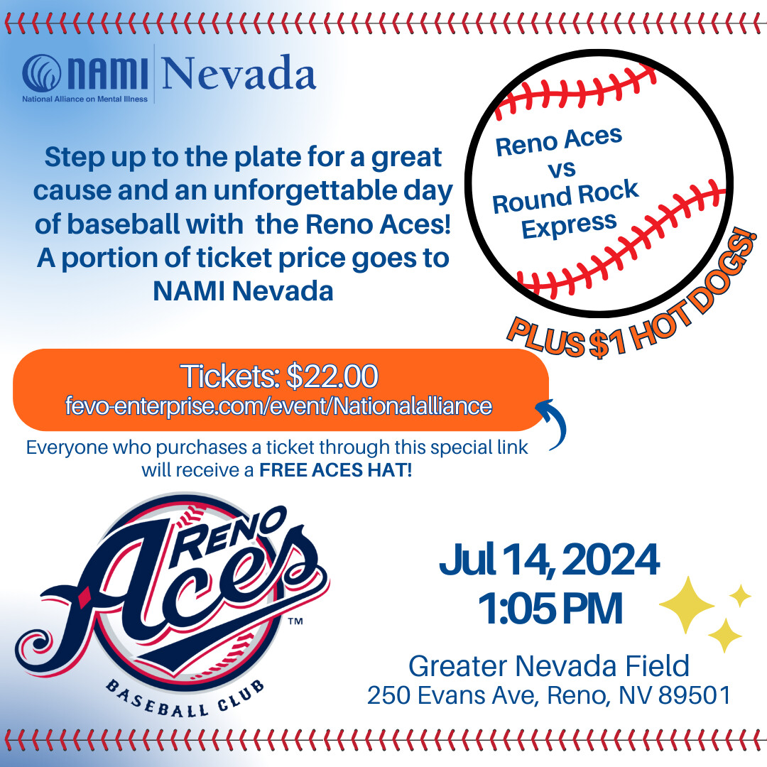 NAMI_Nv's tweet image. Step up to the plate to support mental health with the Reno Aces! ⚾⚾

Jul 14, 2024 1:05 PM PDT
Greater Nevada Field
250 Evans Ave, Reno, NV 89501, US

#baseballforacause #homerunforhope #mentalhealthmonth #mentalhealthmatters @renoaces