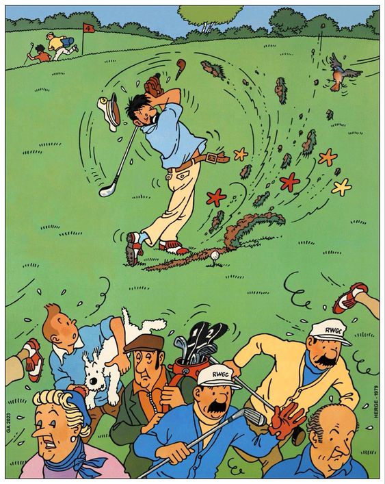 Saturday shenanigans in full effect! 💥🏌️‍♀️⛳️🏆  What adventures are you getting up to today? 

#tintinmania #tintinetmilou #tintinadventures #tintincomicstrips #hergé #herge #moulinsart #sausalitoferry #sausalito #art #georgesremi #captainhaddock #haddock #golf #golfing