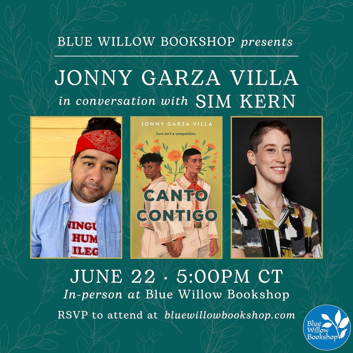 We are SO excited to welcome @JONNYescribe to the bookshop to celebrate their new novel, CANTO CONTIGO! 💛 They will appear in conversation with author @sim_kern. We can't wait for this event! See event details and reserve your book here: bluewillowbookshop.com/event/garzavil…