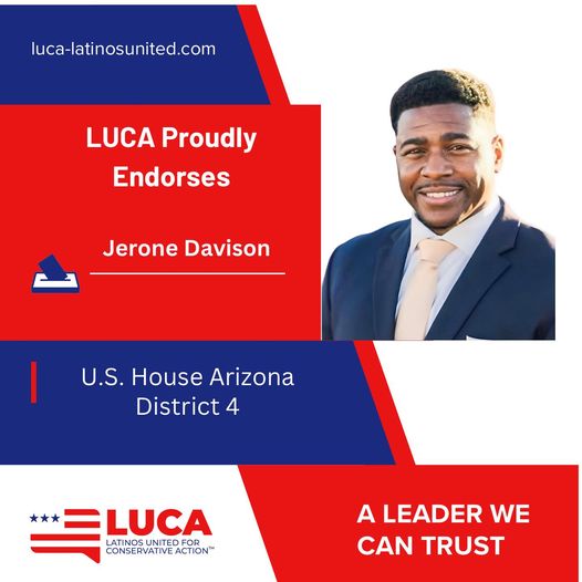 In 2020, I volunteered and stood with Latinos and Blacks for Trump. I am honored to have the endorsement of Latinos United LUCA for my 24' U.S. Congressional Campaign. 🇺🇸 #jeronedavisonforcongress #azcd4 
@ChrisHamletAZ @christianllamar @BlackHannity @ANN_News92