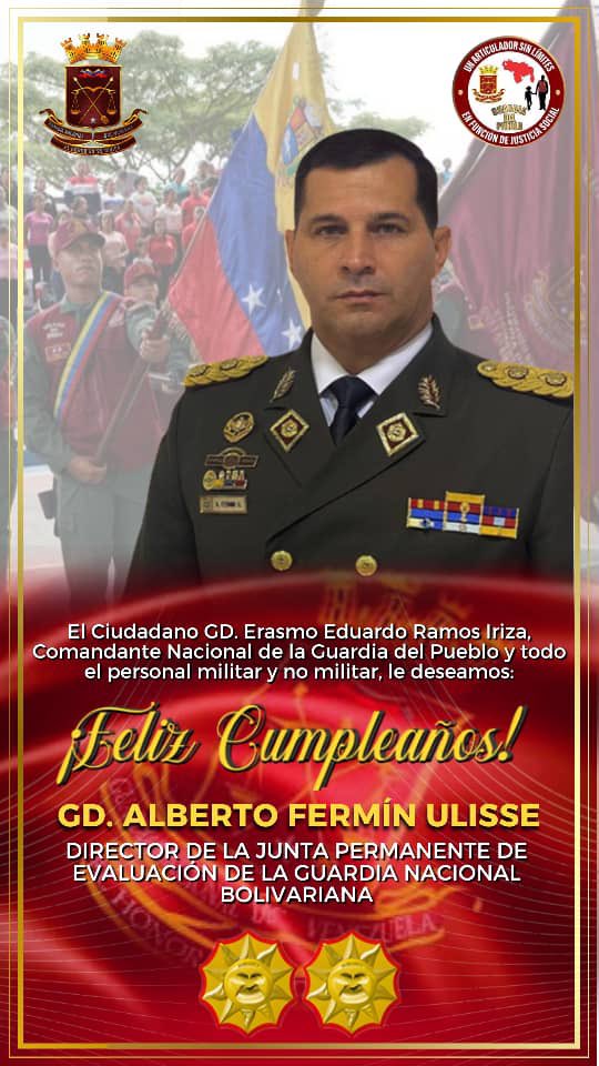 Desde el Comando Nacional Guardia del Pueblo le deseamos un Feliz Cumpleaños al GD Alberto Fermín Ulisse, Director de la Junta Permanente de Evaluación de la Guardia Nacional Bolivariana. Que este nuevo año de vida esté colmado de salud, éxitos y nuevas oportunidades para seguir