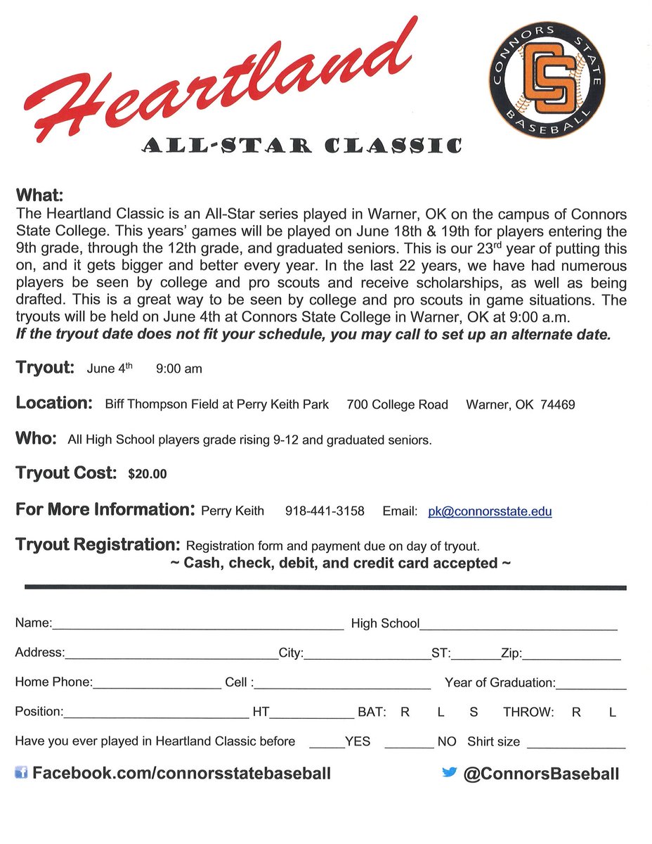 Attention High School Players grades 8 thru graduating seniors.

Heartland Classic tryouts June 4th for more information or to tryout at a different time call 918-441-3158.