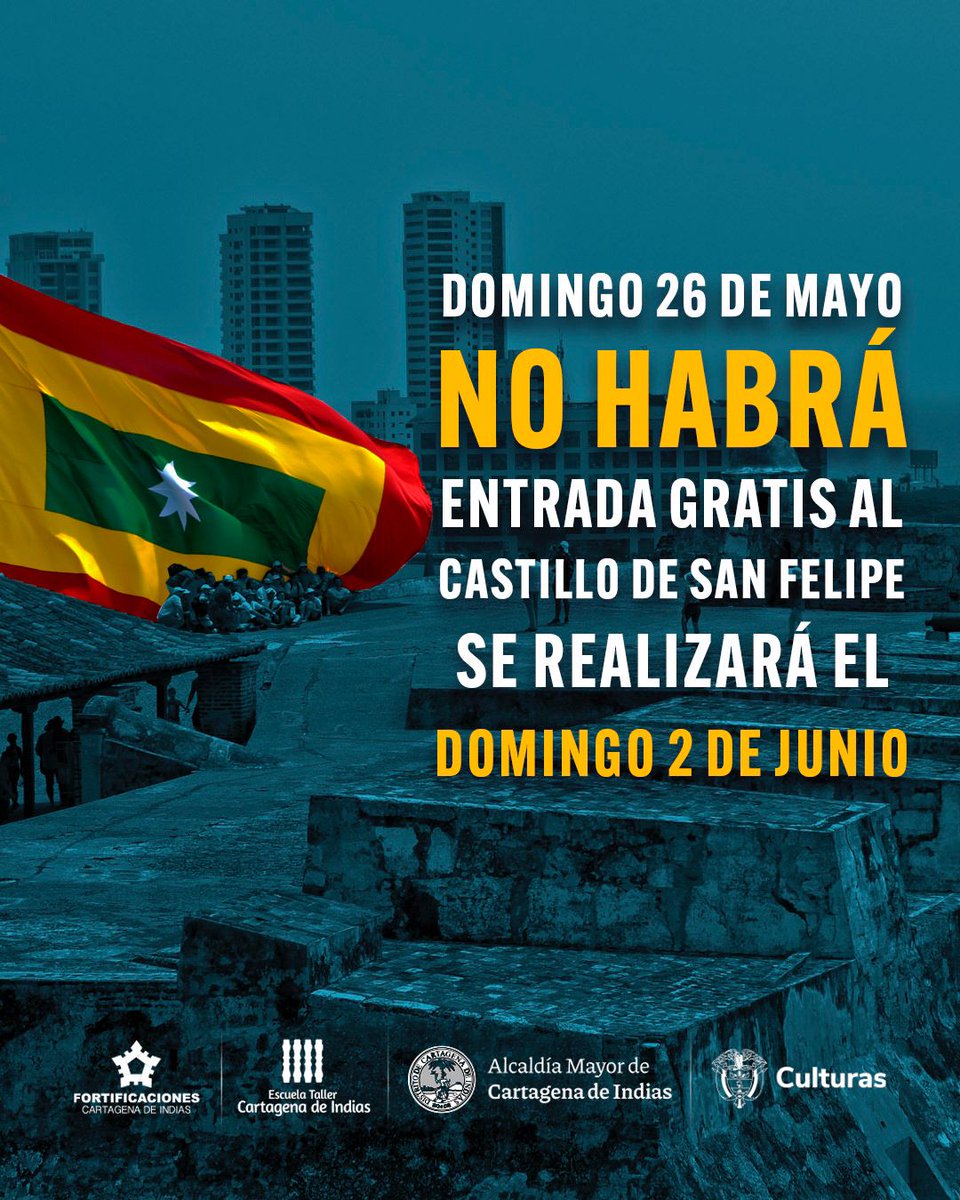 Estamos organizando un gran #DíadeEntradaGratis para celebrar el cumpleaños de #CartagenadeIndias. 

La @EscuelaTallerCT, administradora de las fortificaciones, te invita a visitar gratis el #CastillodeSanFelipe el próximo domingo 2 de junio.