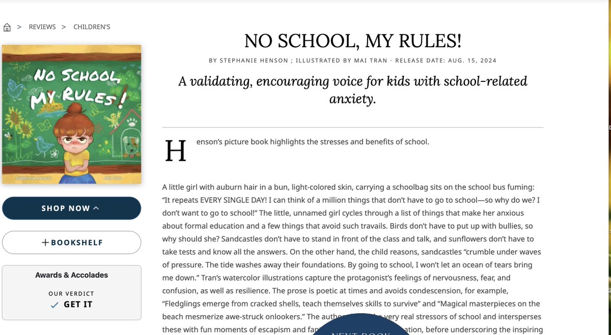 The positive reviews are starting to come in for 'No School, My Rules!' Readers Favorite: 5 Star Review Kirkus - Received a “Get It” designation Coming August 15th! @TielmourPress readersfavorite.com/rfreviews/sear… kirkusreviews.com/book-reviews/s…