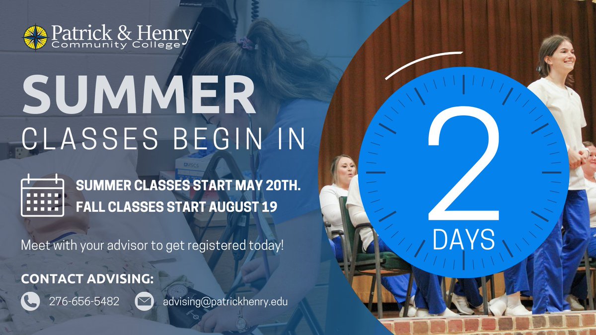 Summer classes start in only 2 days! Advisors are happy to help you get registered! Let's dive into a summer of learning! Contact advising at advising@patrickhenry.edu or 276-656-5482. #SummerLearning