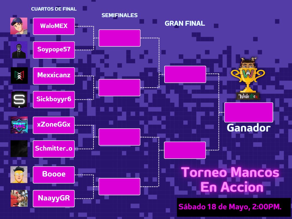 🏆 TORNEO MANCOS EN ACCION 🏆
Asi quedaron los enfrentamiendos del Torneo. twitch.tv/walomex