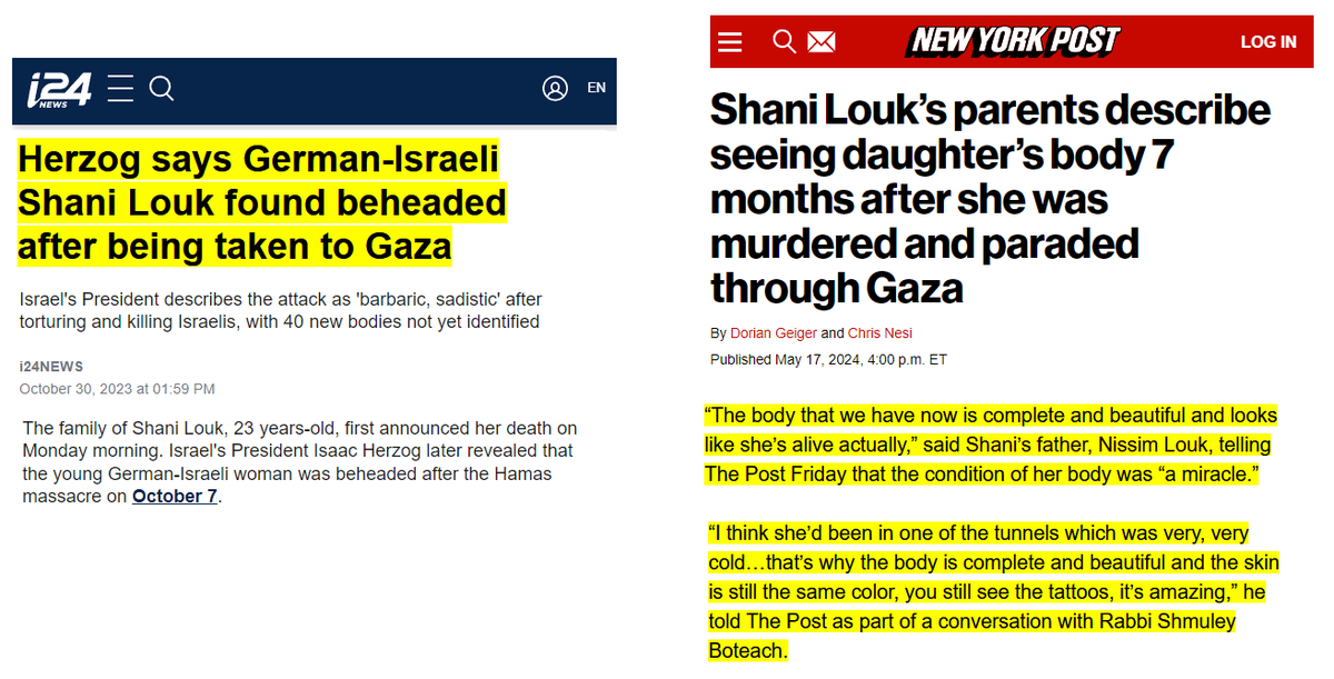 in October the President of Israel Isaac Herzog said they recovered Shani Louk's body, and Hamas had beheaded her yesterday the Israeli regime again said they recovered her body, her family saw it and said it is 'complete and beautiful.' Yet another fabricated beheading