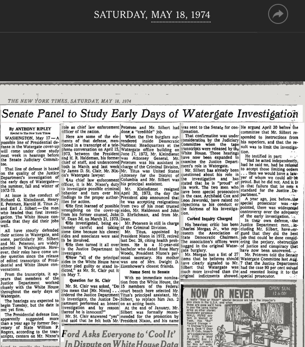 New York Times, 50 years ago today, 5/18/74

History repeats. Except in 1974 there was bi-partisan agreement to get the full truth. 

“Senate Panel to Study Early Days of Watergate Investigation”

80 days later, Nixon was gone after ignoring subpoenas and saying “Witch Hunt!”