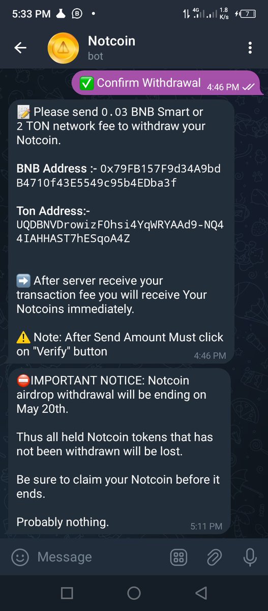 MusaAMu57618395's tweet photo. @notcoin @Gautamguptagg @benbybit I have send bnb for airdrop bot saying payment not received getting to 45 hrs..? https://t.co/fn9zR12ruX