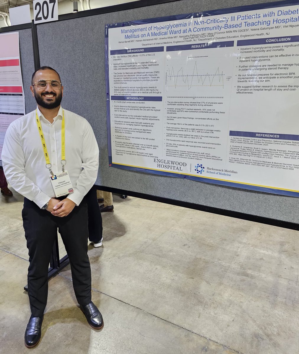 Hassan (PGY3 Chief) represented his quality improvement (QI) team at #SGIM24 on a project that aimed to improve glycemic control in non-critically ill patients with diabetes mellitus. #MedTwitter #MedEd #Research #IMRes #Diabetes #Hyperglycemia #QI #QualityImprovement