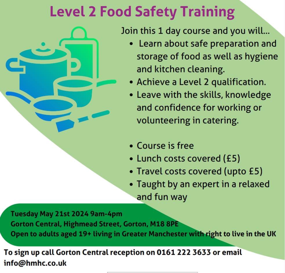 🚨 Level 2 Food Safety Course 🚨 We have lots of spaces available for the Level 2 Food Safety Award on 21st May 2024. Please share! 📅 Date: 21st May 2024 📍 Contact: info@hmhc.co.uk | 0161 2223 633 #FoodSafety #Training #Level2FoodSafety #HealthAndSafety #FoodHygiene