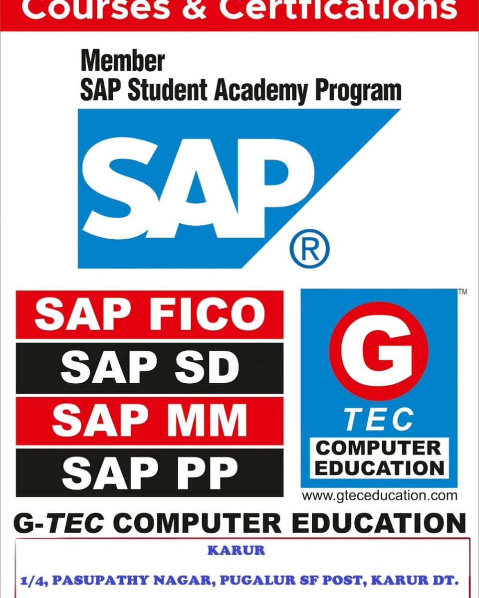 vaseeda96888's tweet photo. Join G TECH computer's Academy program and gain access to industry-recognized SAP courses and certifications.
Expert instruction: Learn from experienced professionals at G TECH, conveniently located near Annai Theatre bus stop in Punjaipugalur, Karur (639113). https://t.co/zP02KWf0Ao