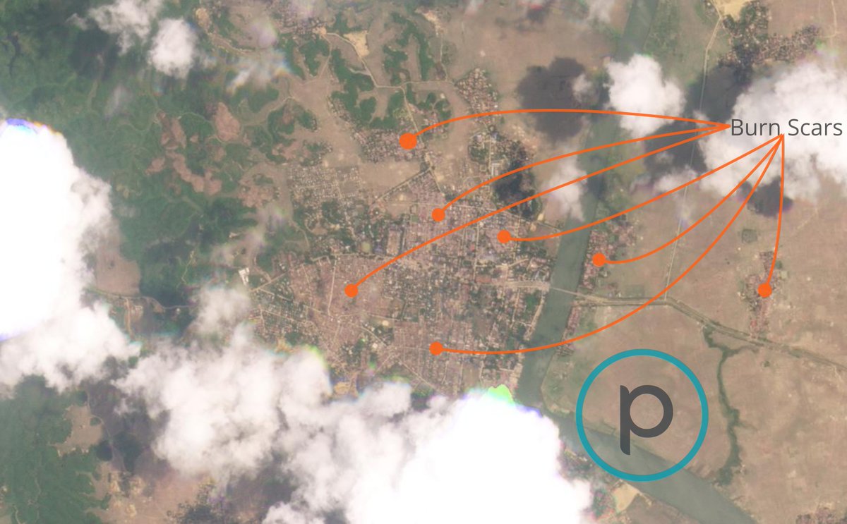 Satellite imagery from @Planet from today shows the extent of the apparent Arakan Army arson attack on Buthidaung, and allows rough mapping. Approximately 53 acres was burnt last night. Much larger areas have also been burnt in outlying villages (thus far unmapped). An