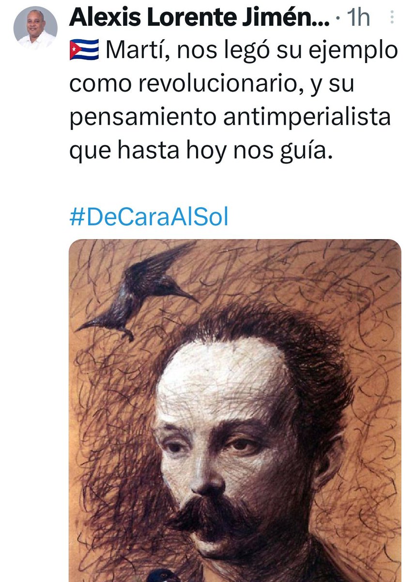 🇨🇺 @AlexisLorente74 en su cuenta de ❎ 🇨🇺 'Martí, nos legó su ejemplo como revolucionario, y su pensamiento antimperialista que hasta hoy nos guía'. #DeCaraAlSol
