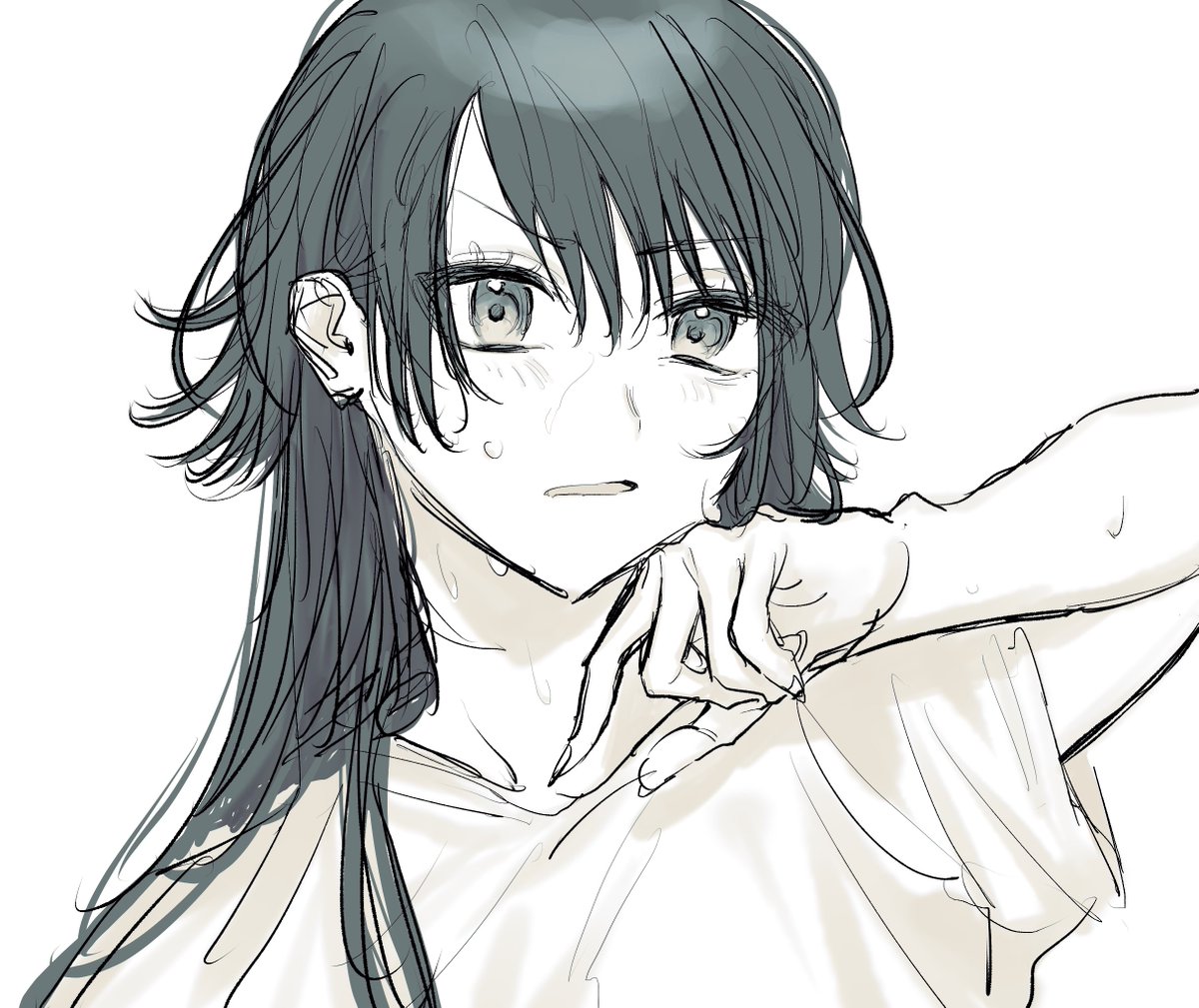 1girl solo long hair blush simple background shirt black hair  illustration images
