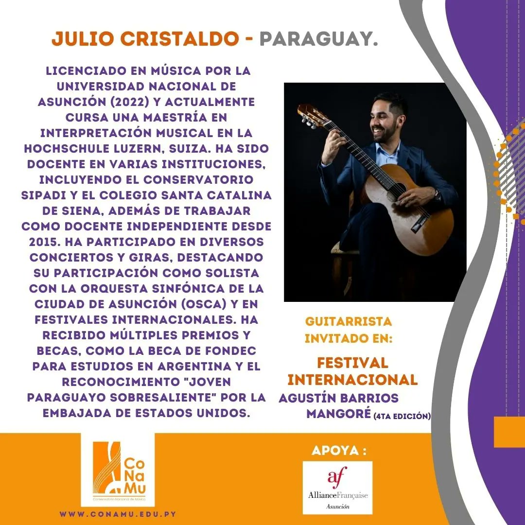 🎼 No te pierdas el Festival Internacional “Agustín Barrios Mangoré” 4ta Edición.

🔸En el segundo día tendremos la Conferencia «El Choro tradicional brasileño y su vinculación con el Choro da Saudade de Agustín Barrios» a cargo de Raúl Celauro y la participación especial del
