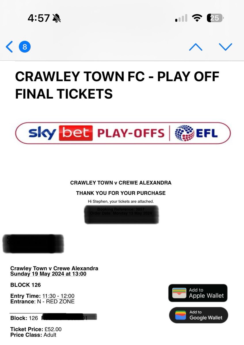 I’ve got 1 adult ticket for Crawley tomorrow if anyone needs a ticket please let me know I paid £52 willing to take £45