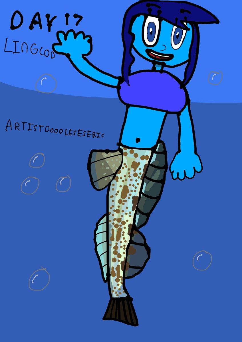 MerMay Day 18 - Lingcod These merfolks are bluish and unique. It can be found in Alaska To Baja. #Mermay #Mermay2024