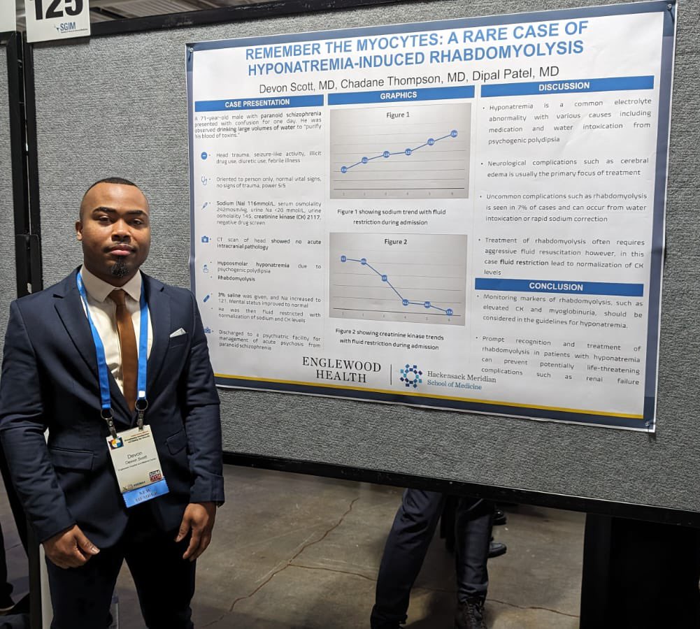 Devon (PGY2) presents an interesting case of hyponatremia-induced rhabdomyolysis and peculiarities of its management at #SGIM24! #Hyponatremia #NephroTwitter #MedTwitter #MedEd #IMRes