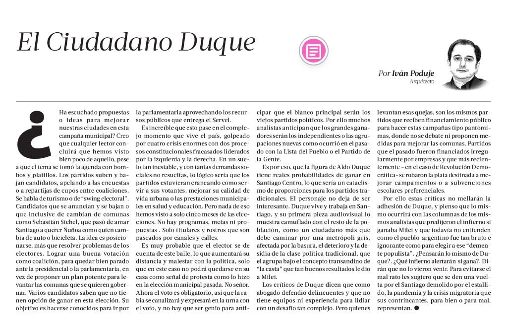 ATENCION ! COMPARTO COLUMNA DE IVAN PODUJE : ALCALDIA DE SANTIAGO : 'EL CIUDADANO DUQUE ' #UnDuqueParaSantiago @AldoDuqueSantos @ipoduje #DuqueAlcaldeDeStgo