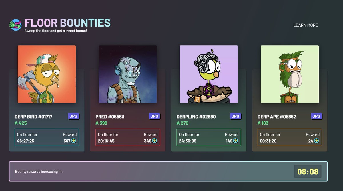 Best way to ease into derp ecosystem: floor bounties.

The longer an asset is on the floor the larger the bounty grows. If it gets undercut, the bounty moves to the new listing.

With $derp gaining momentum, floor bounties are looking super juicy.