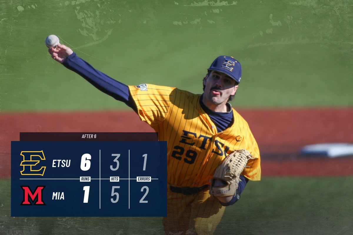 Nathan Hickman sets a new career-high with 5.2 innings pitched with one run allowed (not earned)! We head to the 7th with the top of the order due up for the Bucs as they try to add on to a 6-1 lead. 

#Together #ETSUTough