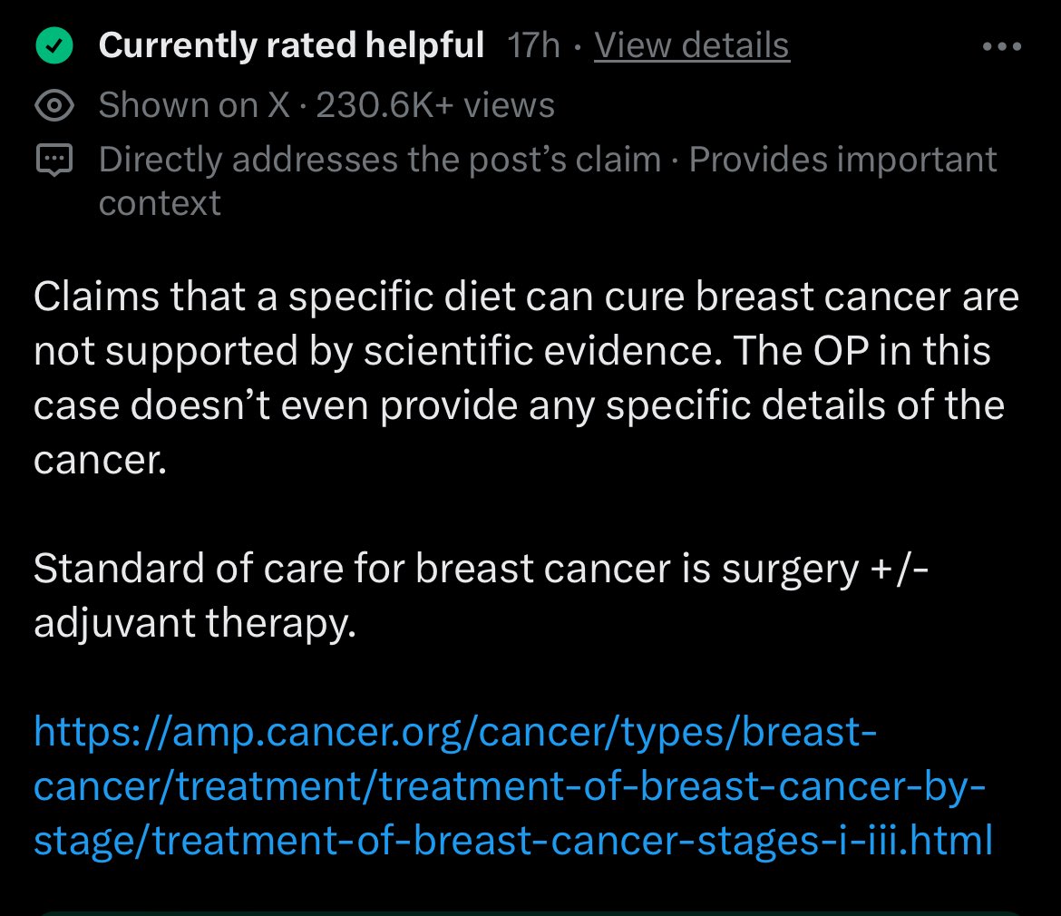 Another dangerous misinformation account Breast Cancer isn’t cured by any diet There isn’t a blood test to show cancer has been cured @Safety @lindayaX @elonmusk this shit will get people killed Thank you @CommunityNotes #DumpsterFire