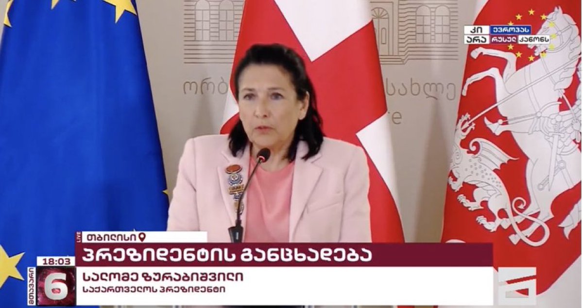 BREAKING: The President of Georgia has vetoed the 'foreign agents' law. 'This law, in its essence and spirit, is Russian. It contradicts our Constitution and all European standards, posing an obstacle on our path to Europe,' Salome Zourabichvili stated at a special briefing just