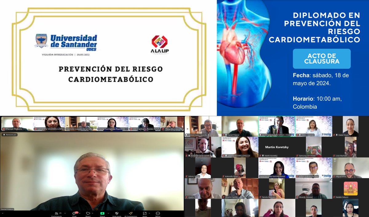 Muchas gracias Universidad de Santander, Bucaramanga Colombia, Rector Dr. Patricio López Jaramillo, y Director del Diplomado en Prevención del Riesgo Cardiometabólico, Dr. Carlos Ponte Negretti, por invitarme a participar como docente y al cierre académico en el día de la fecha.