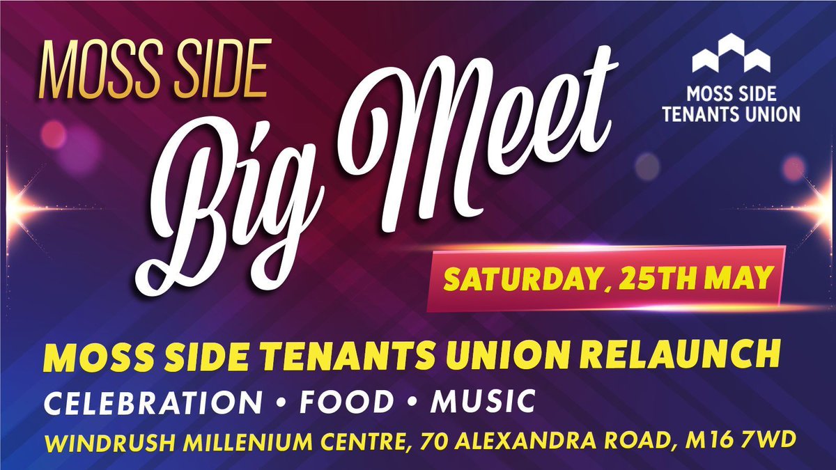 Are you a Moss Side tenant? Come along to the Moss Side Big Meet at the Windrush centre next Saturday and find out how you can improve renting in your community. 
Enjoy some great food & music, and connect with other Moss Side tenants. 
Free tickets here: buff.ly/3QodA0b