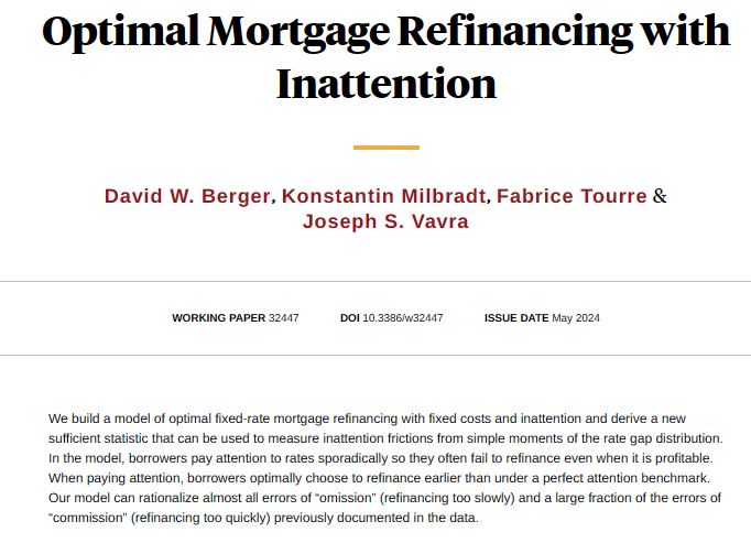 A model of optimal fixed-rate mortgage refinancing that can rationalize almost all errors of refinancing too slowly and a large fraction of the errors of refinancing too quickly, from @David_W_Berger, Konstantin Milbradt, Fabrice Tourre, and @joevavra nber.org/papers/w32447