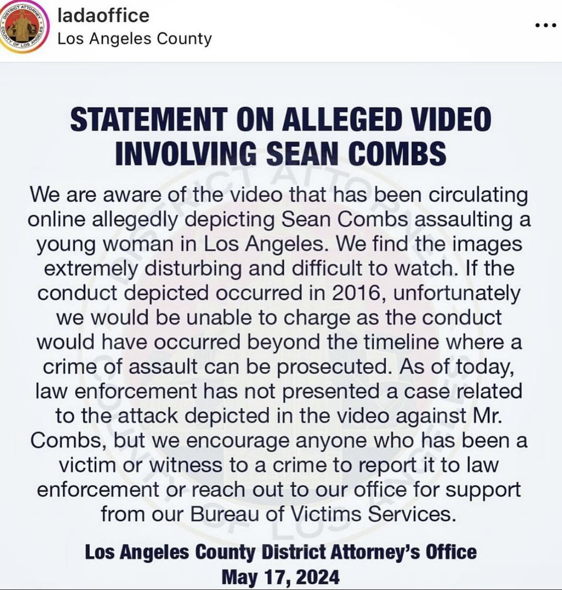 👮🏽‍♀️| LAPD releases a statement acknowledging that while they are aware of the surveillance footage of Diddy attacking Cassie, no criminal action can be taken due to the video being too old. The statute of limitations in California for assault is 3 years, the footage is from 2016.