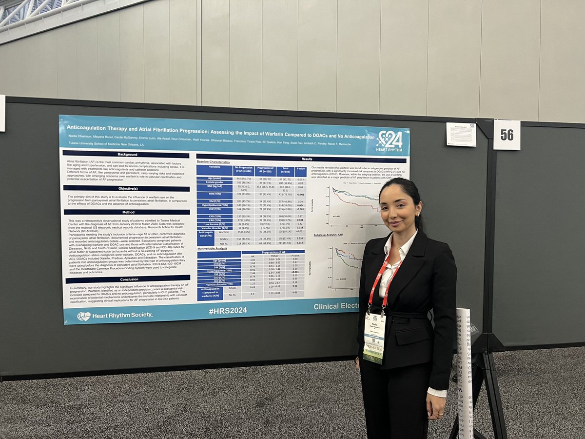 Nadia Chamoun (@nadiachamoun) on Twitter photo Presenting our work on the effect of anticoagulation therapy on the progression of AF.
Warfarin doubles this risk compared to DOACs and no anticoagulation.
<a href="/TulaneTriad/">TulaneTRIAD</a> <a href="/nmarrouche/">Nassir Marrouche</a> <a href="/BsoulMayana/">Mayana Bsoul</a>
#HRS2024 Presenting our work on the effect of anticoagulation therapy on the progression of AF.
Warfarin doubles this risk compared to DOACs and no anticoagulation.
<a href="/TulaneTriad/">TulaneTRIAD</a> <a href="/nmarrouche/">Nassir Marrouche</a> <a href="/BsoulMayana/">Mayana Bsoul</a>
#HRS2024