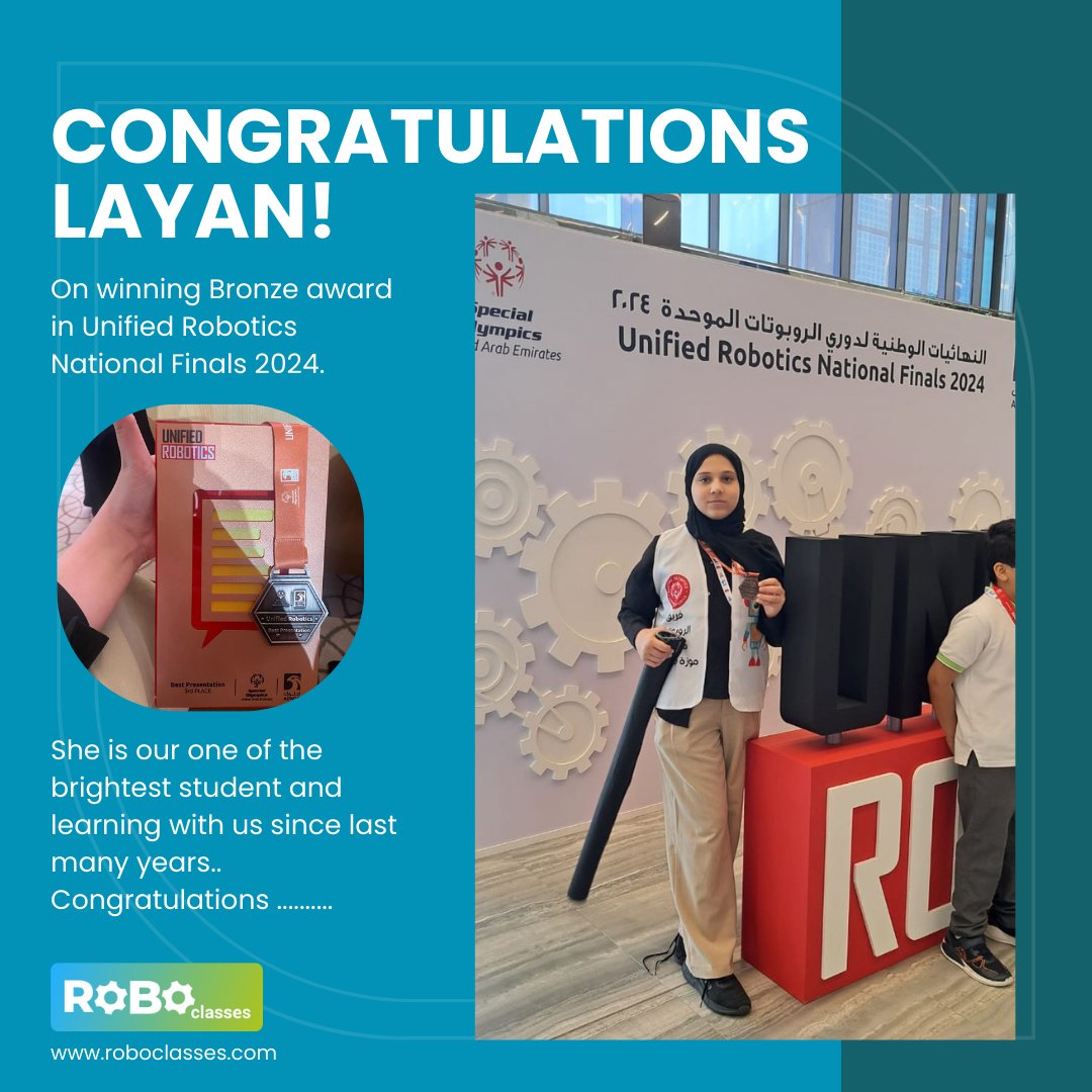ClassesRobo's tweet image. Congratulations Layan and keep winning..
Our best wishes
- TEAM ROBO CLASSES
#abudhabi #roboticscompetition #unifiedroboticsuae #unifiedrobotics
#roboclasses