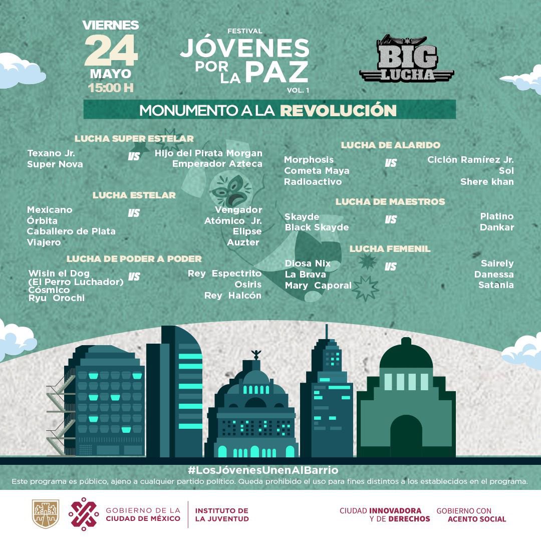 💪 ¡Vamos con todo! 😎 No te pierdas el Festival Jóvenes por la Paz 2024 del @InjuveCDMX. 🤩 Disfruta de música en vivo, espectáculos de lucha libre y mucho más. 🔊 ¡Entrada libre! ✨ 🗓️ 24 de mayo, 15:00 h. 📍 Monumento a la Revolución